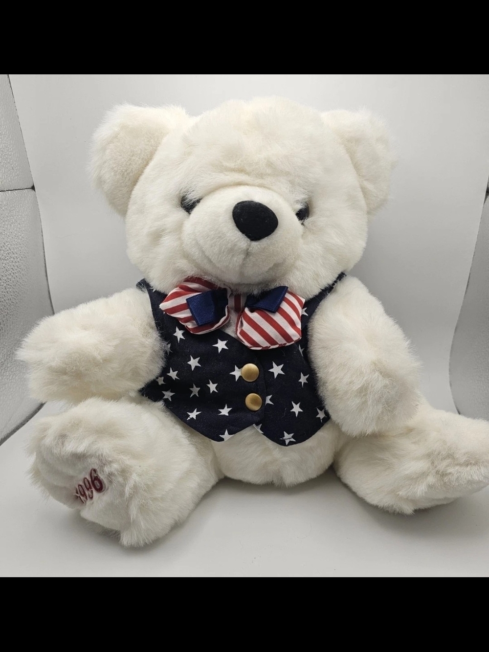MAIN JOY LIMITED  Patriotic White Teddy Bear Plush Americana Edition 1996 ~ Sits